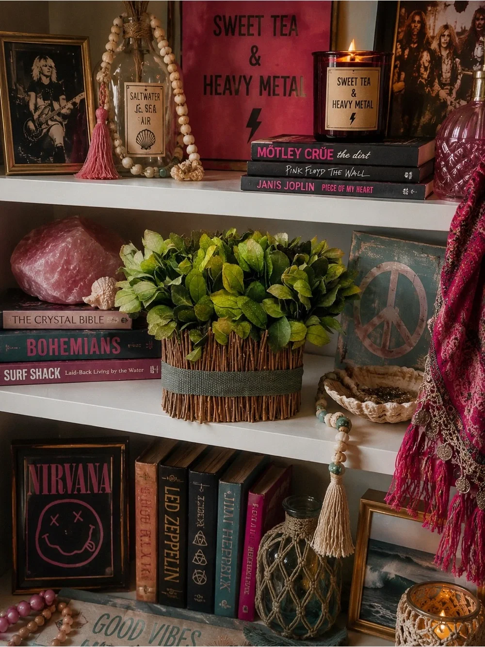 Boho Coastal Faux Tea Leaf Arrangement in Rustic Twig Basket Cottagecore Accent
